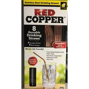Red Copper Stainless Steel Drinking Straws 8 Reusable Portable 8.5"-9.25" New